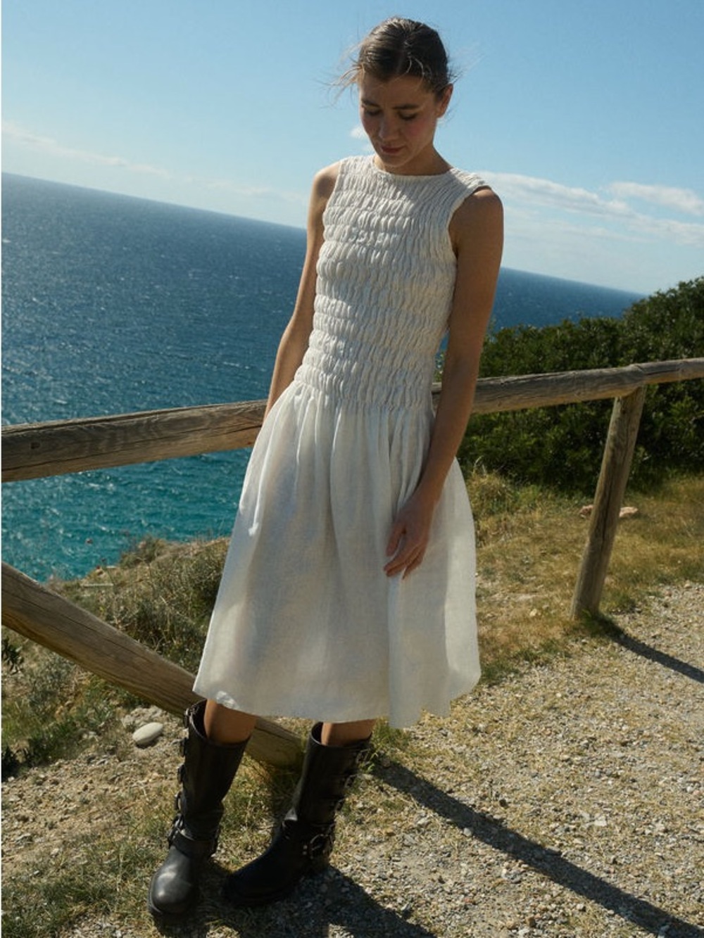 Linenfox Emilija Smocked White Dress, XS